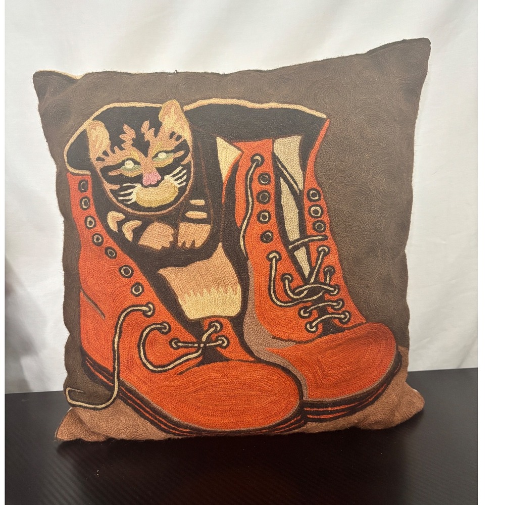Vintage Pillows of California Puss in Boots Chainstitch Wool Pillow Cover  India